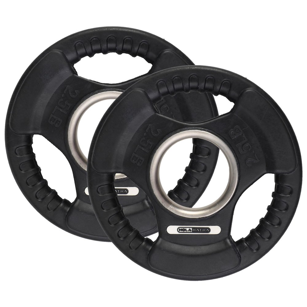 HolaHatha 2-Pack Olympic Rubber Coated Weight Plates  Cast Iron Strength Training Discs with Tri-Grip Handles Stainless Steel Inserts and 1.97-Inch Center Hole for Home Gym Workouts