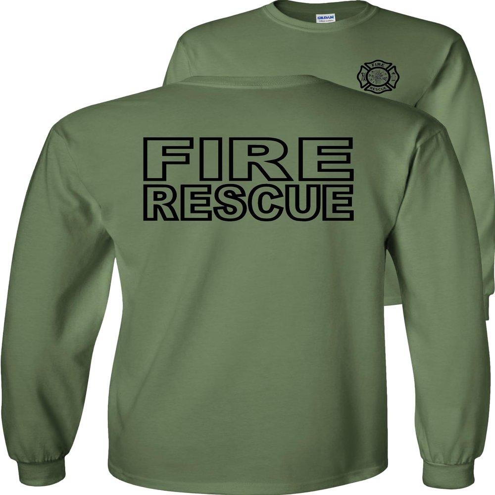 Fire Rescue Long Sleeve Shirt-Black Design-Military Green-Small