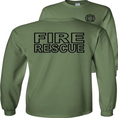 Fire Rescue Long Sleeve Shirt-Black Design-Military Green-Medium