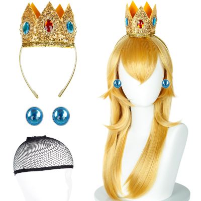 BEAUEXE Long Blonde Cosplay Wig Set for Princess Cosplay Wig with Accessories Princess Gemstone Crown,Earrings,Wig Caps