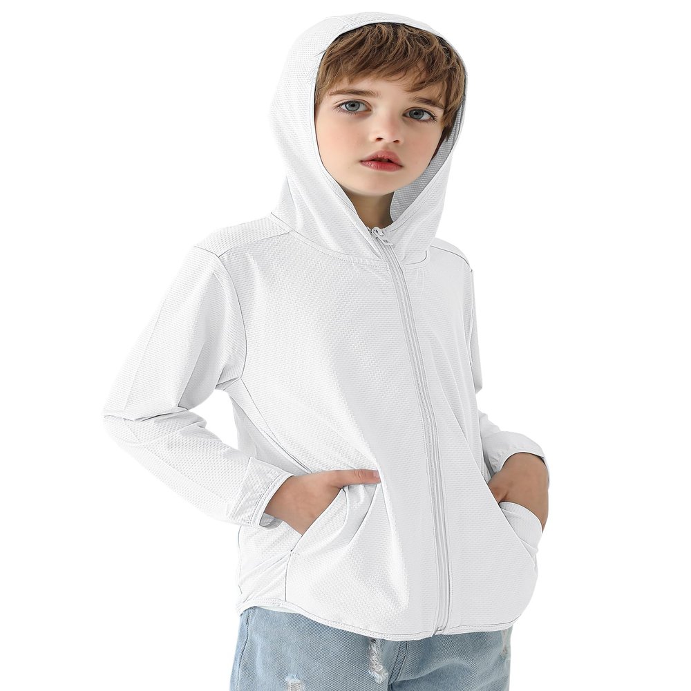 Auranso Kids Zip-Up Hoodie Girls Boys UPF50+ Sun Protection Jacket Hooded Cooling Shirt White 11-12 Years