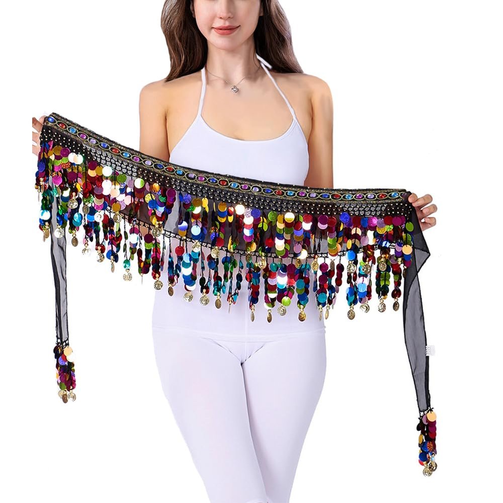 Belly Dance Hip Scarf Coins Plus Size Fringe Skirt, Sequin Fringe Belt Belly Dancer Costumes for Women (Diamaond Rainbow)
