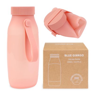 BLUE GINKGO Collapsible Water Bottle  Lightweight, Foldable Silicone Bottle for Travel, Hiking, and Camping (16.9oz, Made in Korea, Rose Pink)
