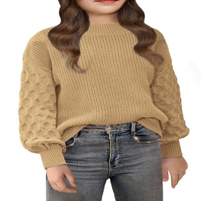 Girls' Crewneck Sweaters Casual Long Sleeve Drop Shoulder Pullover Sweaters Fall Oversized Cable Knit Sweater Tops Khaki
