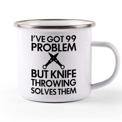 Flairy Land Knife Throwing Camper Mug 12oz - Knife Throwing Solves Them - Knife Thrower Gift Hobby Man Darts Axe Sport Knife Throwing Coach