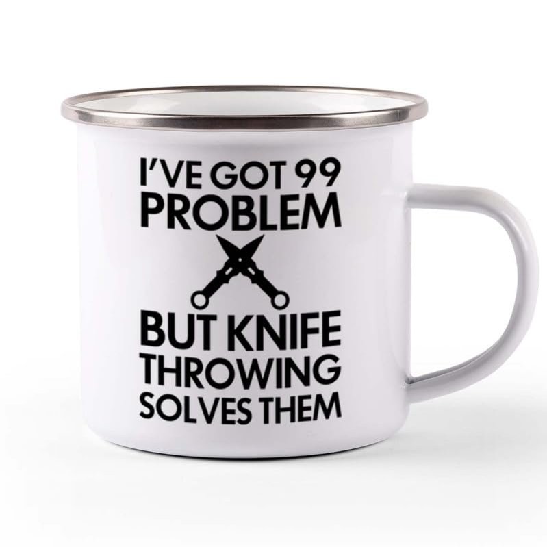 Flairy Land Knife Throwing Camper Mug 12oz - Knife Throwing Solves Them - Knife Thrower Gift Hobby Man Darts Axe Sport Knife Throwing Coach