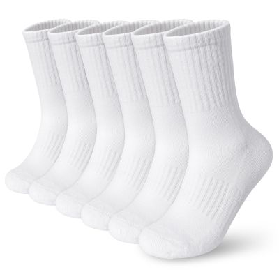 BOOPH Kids Athletic Crew Socks Boys Girls Performance Breathable Half Cushioned Socks Thick Cotton Calf Sockss for Running Soccer 6 Pairs 7-10Y White