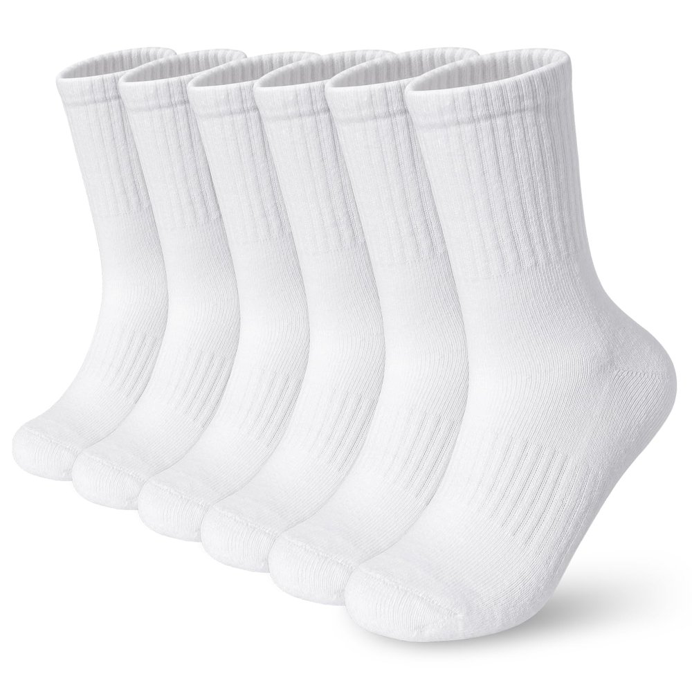 BOOPH Kids Athletic Crew Socks Boys Girls Performance Breathable Half Cushioned Socks Thick Cotton Calf Sockss for Running Soccer 6 Pairs 10-14Y White