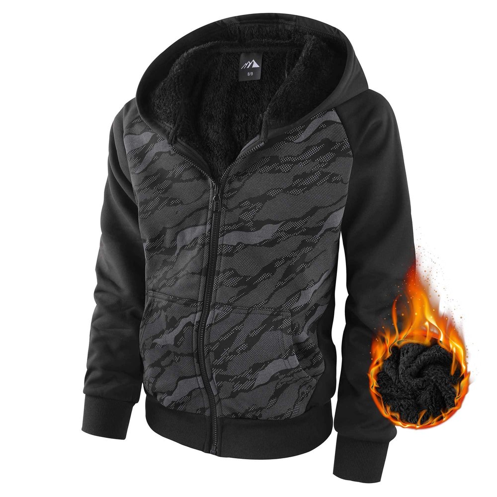 Boy's Zip Up Hoodie Heavyweight Winter Sweatshirt Fleece Sherpa Lined Warm Jacket (8-9, 23#Black Camouflage)