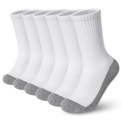 BOOPH Kids Athletic Crew Socks Boys Girls Performance Breathable Half Cushioned Socks Thick Cotton Calf Sockss for Running Soccer 6 Pairs 5-7Y White with Grey Bottom