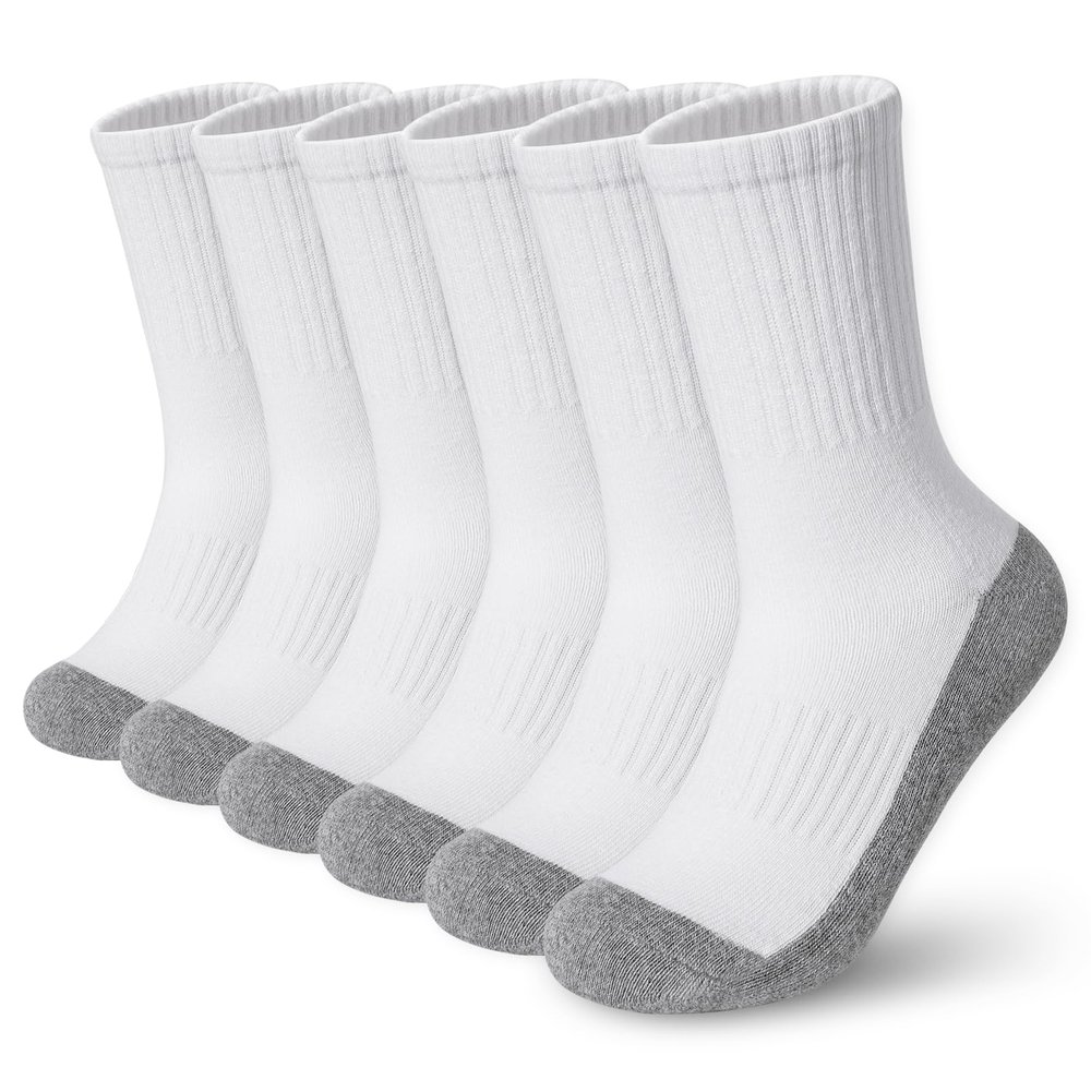 BOOPH Kids Athletic Crew Socks Boys Girls Performance Breathable Half Cushioned Socks Thick Cotton Calf Sockss for Running Soccer 6 Pairs 10-14Y White with Grey Bottom