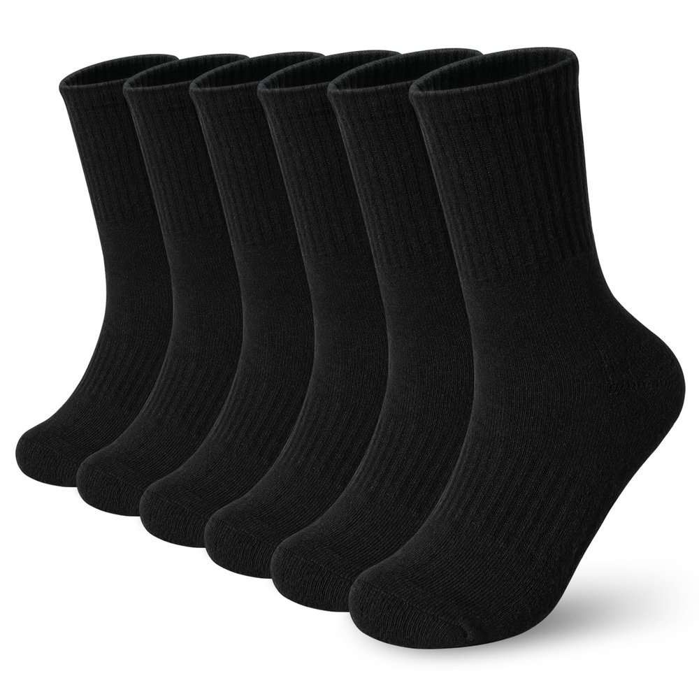 BOOPH Kids Athletic Crew Socks Boys Girls Performance Breathable Half Cushioned Socks Thick Cotton Calf Sockss for Running Soccer 6 Pairs 7-10Y Black