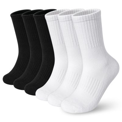 BOOPH Kids Athletic Crew Socks Boys Girls Performance Breathable Half Cushioned Socks Thick Cotton Calf Sockss for Running Soccer 6 Pairs 7-10Y Black and White