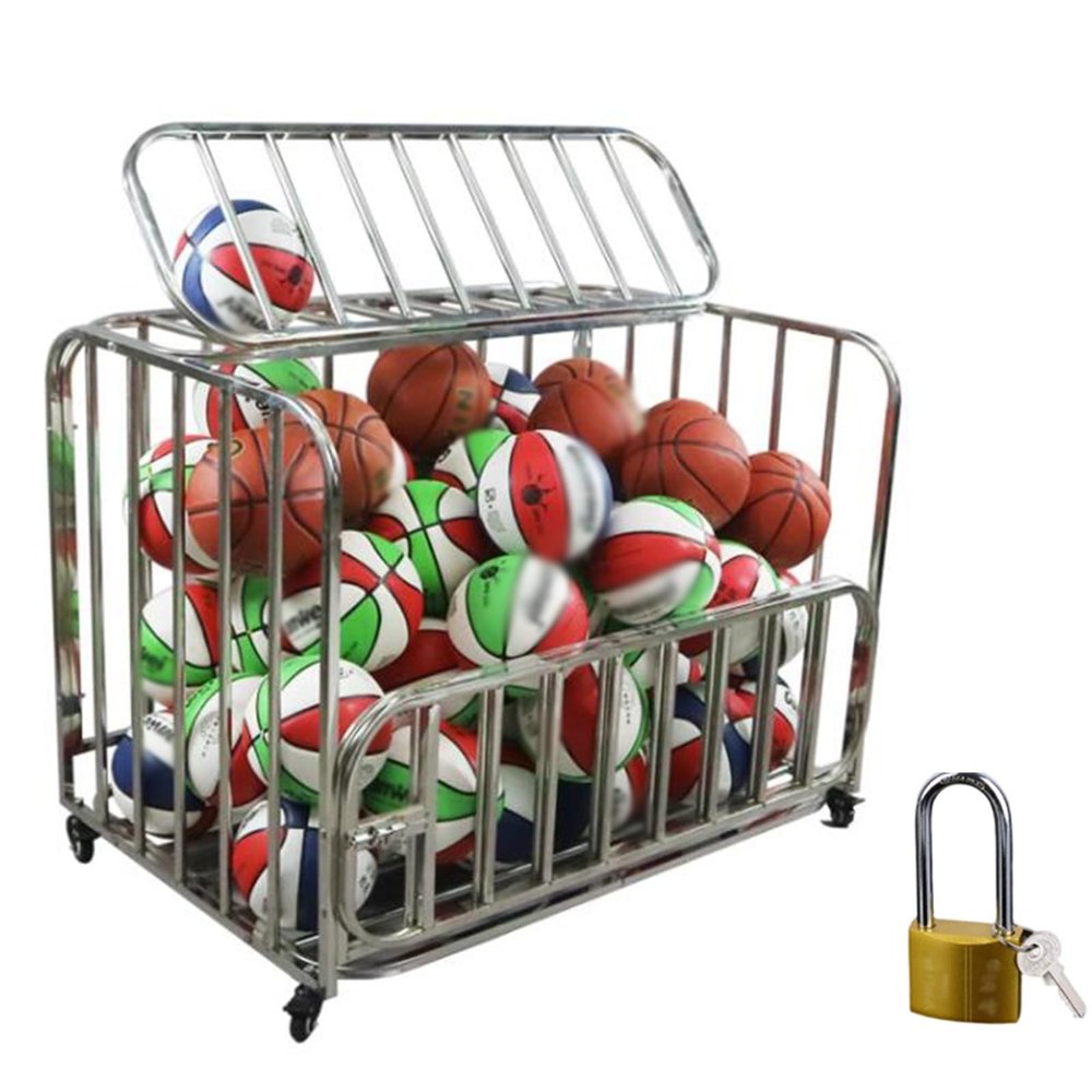 JLXJYS Large Basketball Ball CartSchool Basketball Court Stainless Steel Volleyball Cage with Locking WheelsHeavy Duty Sports Balls Organizer Racks