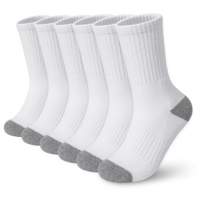 BOOPH Kids Athletic Crew Socks Boys Girls Performance Breathable Half Cushioned Socks Thick Cotton Calf Sockss for Running Soccer 6 Pairs 10-14Y White with Grey Toe
