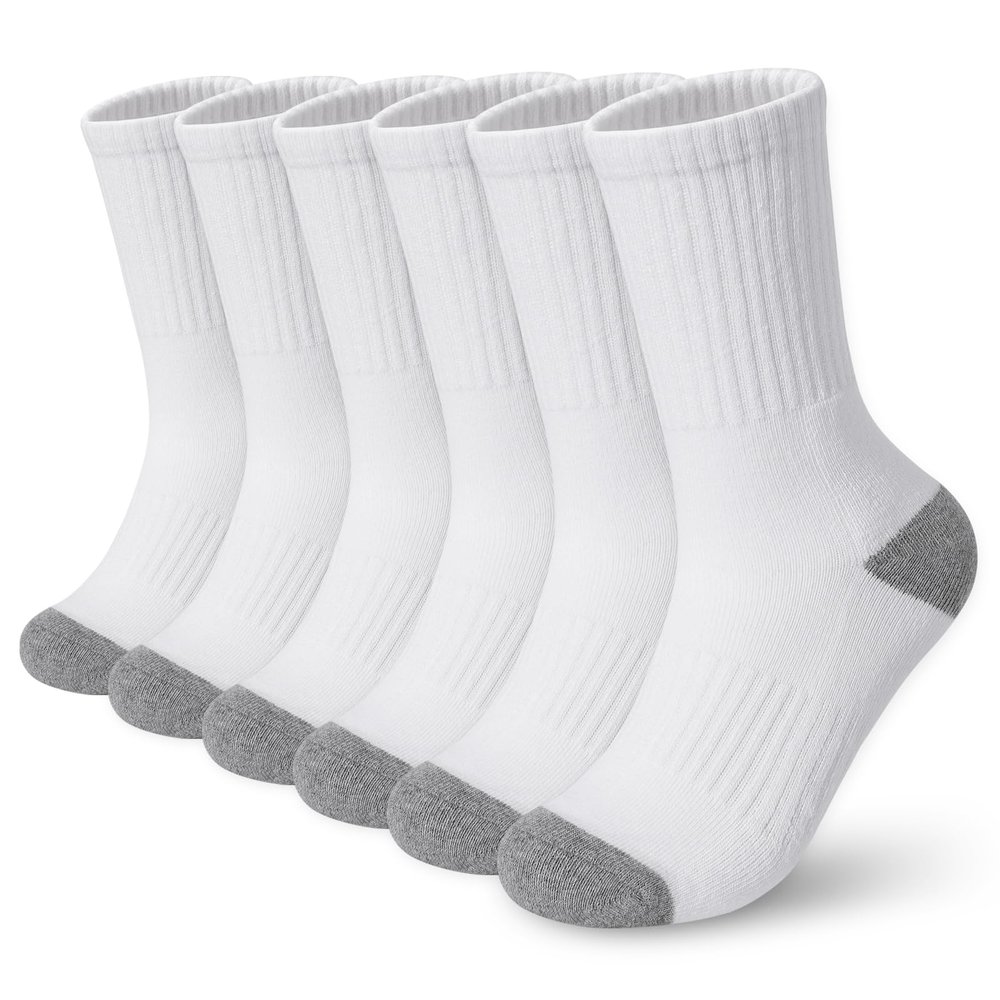 BOOPH Kids Athletic Crew Socks Boys Girls Performance Breathable Half Cushioned Socks Thick Cotton Calf Sockss for Running Soccer 6 Pairs 10-14Y White with Grey Toe