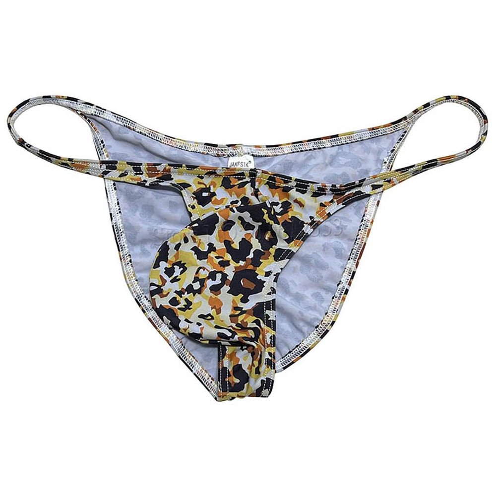 Jaxu Men's Leopard Bikini Briefs Flex Skimpy Underpants Male Bulge Pouch Underwear Ruched Back Cheek Briefs Tiny Waist Orange Leopard L