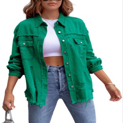 lovecarnation Womens Oversized Ripped Fringe Denim Jacket Casual Long Sleeve Boyfriend Jean Jacket Coat 58016 Green 2XL