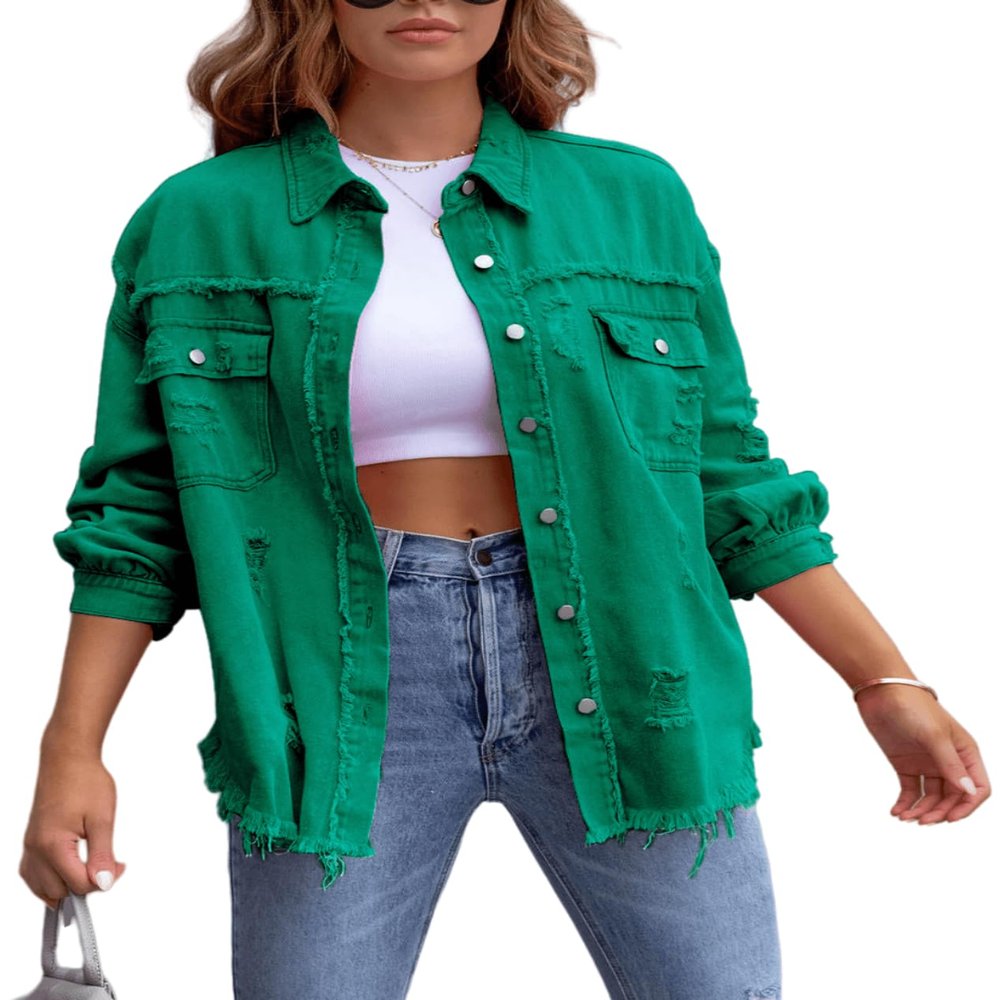 lovecarnation Womens Oversized Ripped Fringe Denim Jacket Casual Long Sleeve Boyfriend Jean Jacket Coat 58016 Green 2XL