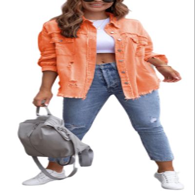 lovecarnation Womens Oversized Ripped Fringe Denim Jacket Casual Long Sleeve Boyfriend Jean Jacket Coat 58016 Orange S