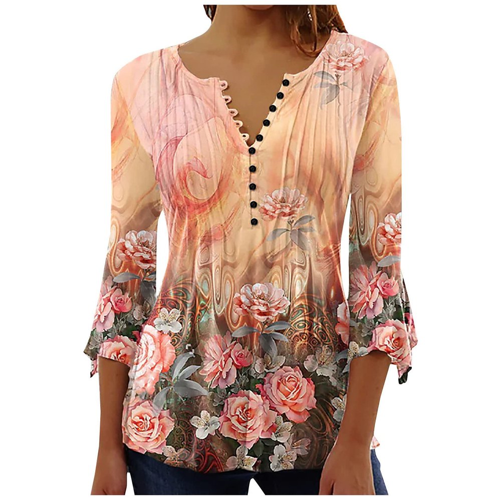 SMIDOW online shopping Tunic Tops for Women Loose Fit Spring Henley v Neck Shirt 3/4 Bell Sleeve Bohemian Floral Print t-Shirt Blouse Trendy Orange XL