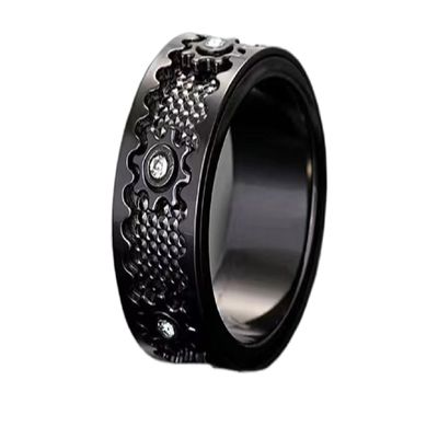 Spinner Ring Relieve anxiety Rotating Mechanical Ring Lucky ring Full Diamond alloy Man Woman Couples (Black B model, 8)