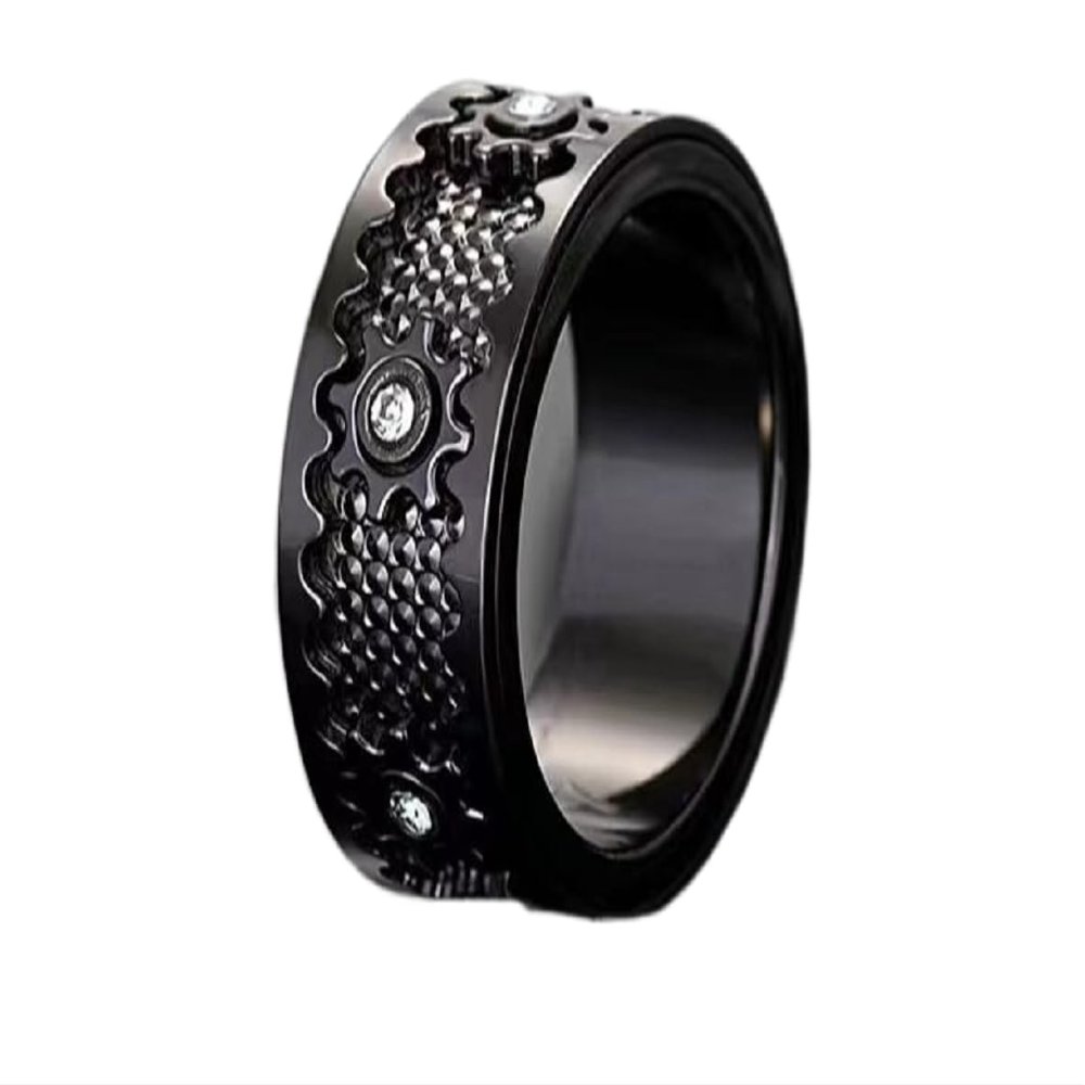 Spinner Ring Relieve anxiety Rotating Mechanical Ring Lucky ring Full Diamond alloy Man Woman Couples (Black B model, 8)