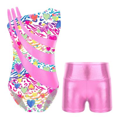 YOOJOO Gymnastics Leotards for Girls Asymmetrical Shoulder Straps Print Dancewear with Matching Shorts 2 Piece Set Activewear EA1233Zebra 10 Years