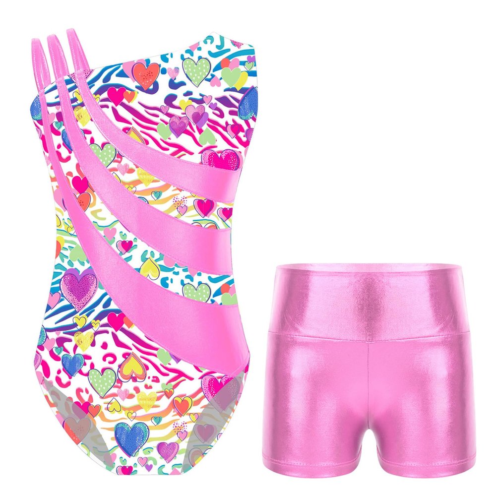 YOOJOO Gymnastics Leotards for Girls Asymmetrical Shoulder Straps Print Dancewear with Matching Shorts 2 Piece Set Activewear EA1233Zebra 10 Years