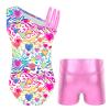 YOOJOO Gymnastics Leotards for Girls Asymmetrical Shoulder Straps Print Dancewear with Matching Shorts 2 Piece Set Activewear EA1233Zebra 10 Years view 2