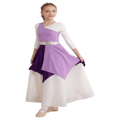 Shinsto Kids Girls Single Shoulder Asymmetrical Praise Dance Overlay Color Block Lyrical Dance Tunic Dress Lavender 12 Years