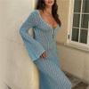 Sastianaen Women Ribbed Bodycon Dresses Y2k Long Sleeve V Neck Knit Dress Solid Slim Fit Pencil Maxi Dress Party Clubwear (B-Light Blue, L) view 3