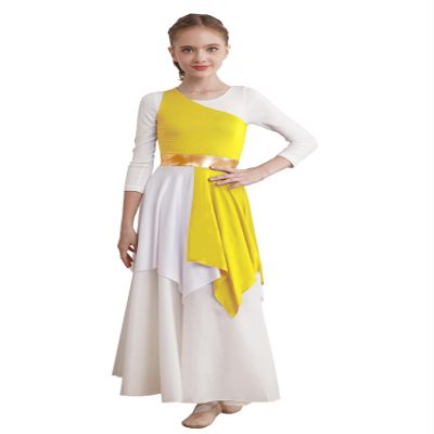 Shinsto Kids Girls Single Shoulder Asymmetrical Praise Dance Overlay Color Block Lyrical Dance Tunic Dress Yellow 10 Years