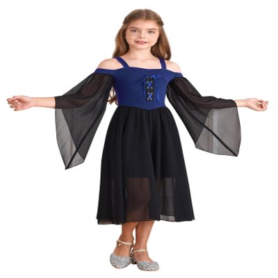 JEATHA Girls Medieval Renaissance Dress Flare Long Sleeve Cold Shoulder Steampunk Gothic Victorian Corset Dress Blue 6 Years