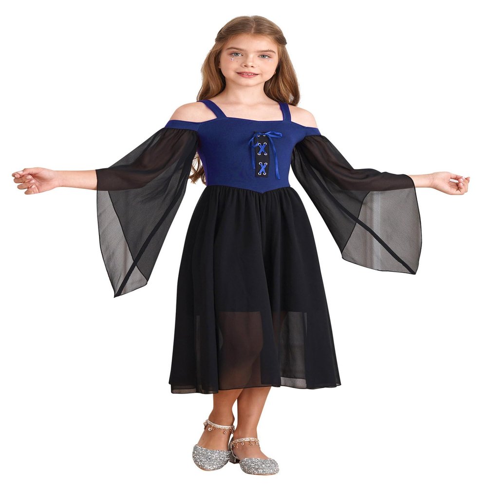 JEATHA Girls Medieval Renaissance Dress Flare Long Sleeve Cold Shoulder Steampunk Gothic Victorian Corset Dress Blue 6 Years