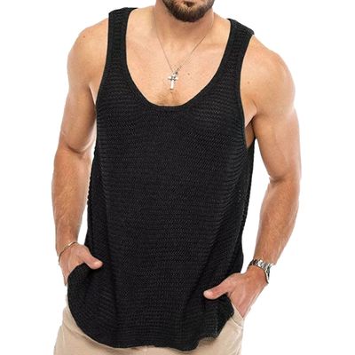 Maiyifu-GJ Men's Performance Gym Muscle Knit Vest Summer Solid Color Outdoor Tank Tops Sleeveless Workout Casual Vest (Black,Large)