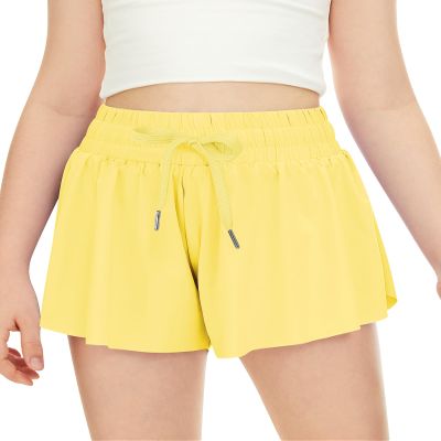 QooNoo Girls Butterfly Shorts with Pocket Flowy Athletic Shorts High Waist Preppy Running Shorts for Kids Teen (Neon Yellow,X-Large)