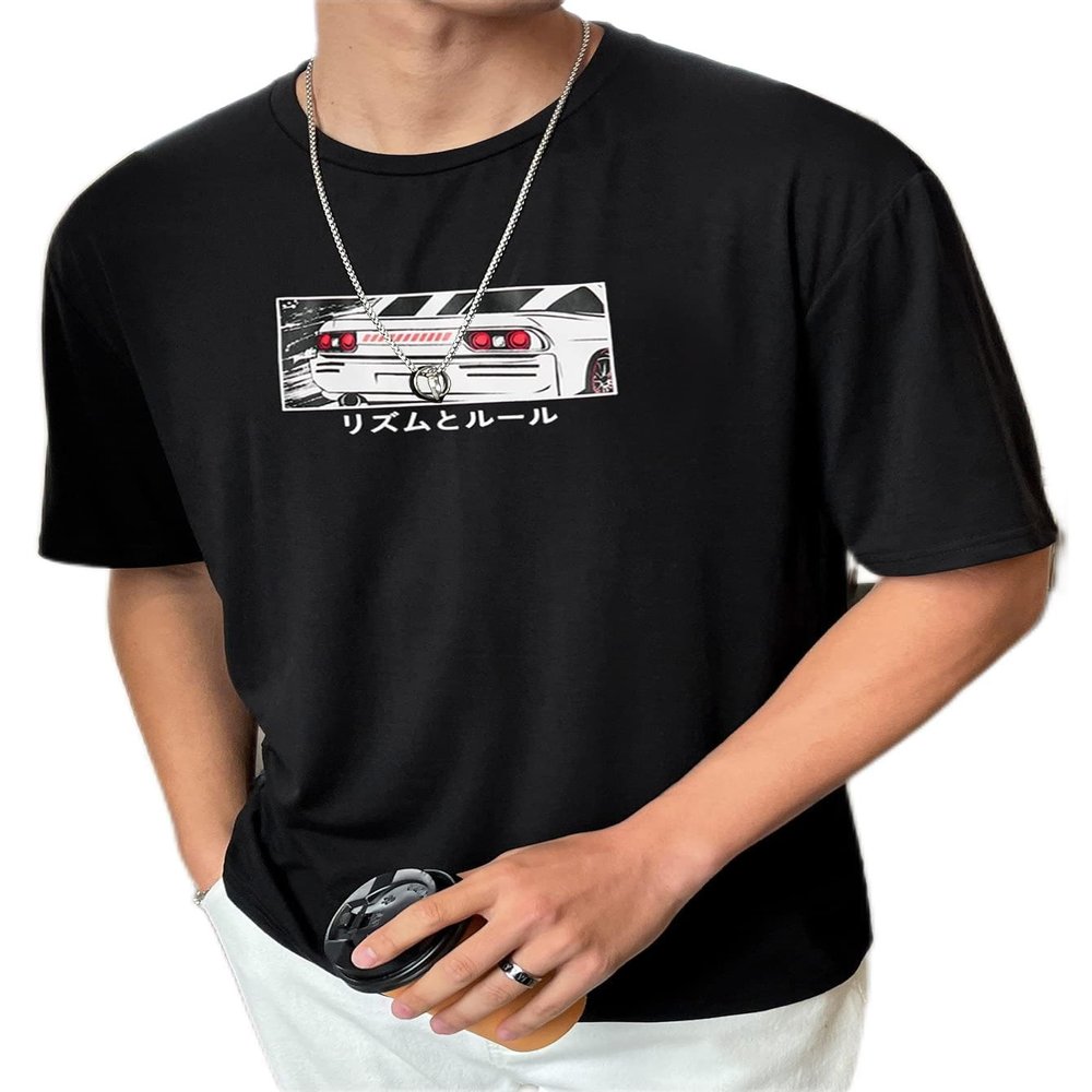 Men Japanese Letter & Car Print Tee (Color : Black, Size : Large)