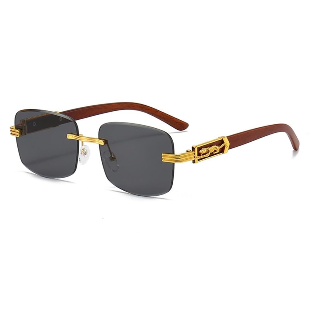 MUTYNE Retro Vintage Rimless Square Sunglasses Men Women Popular Driving Metal Leopard Head Wood Sun Glasses,Black,One size