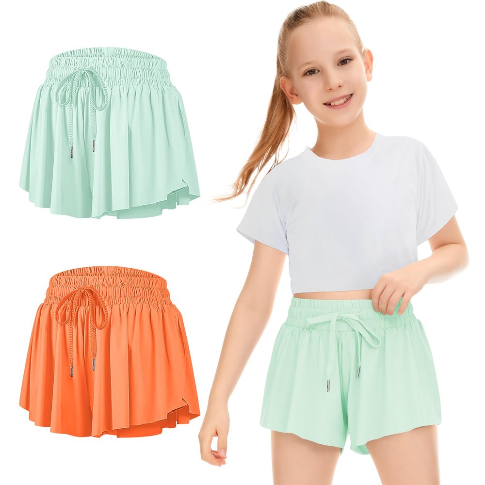 Girls Athletic Flowy Shorts with Pocket 2 in 1 Butterfly Shorts for Teen Girls Youth Running Sports Spandex 2 Pack Light Green Orange X-Small