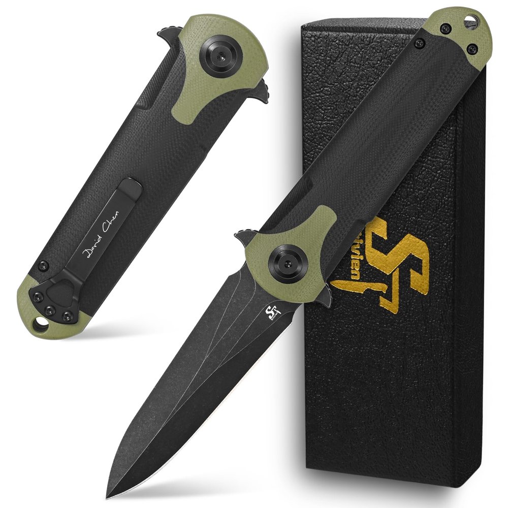 Sitivien ST158 Folding Pocket Knife,Titanium Plating Black Stonewashed DC53 Steel Blade with G10 Handle Chinese Zodiac Series EDC Tool Knife for Outdoor Camping,Hiking,Hunting,Fishing(Black+Green) 