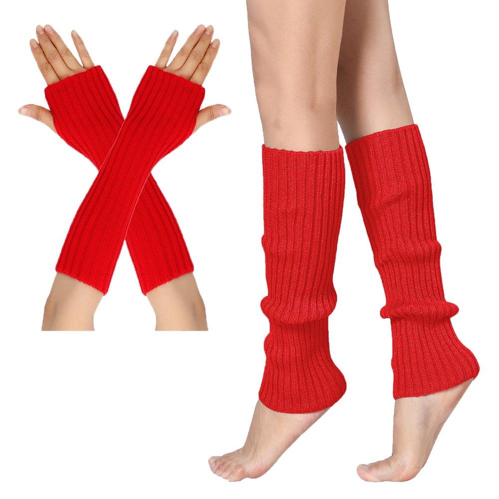 Leoparts Womens 80s Ribbed Knit Arm Leg Warmers Fingerless Gloves Footless Socks for Dance Cosplay Costume Party Accessory