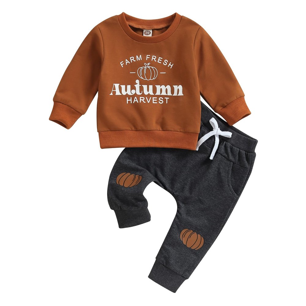 allshope Toddler Baby Boy Halloween Outfits Tracksuit Pumpkin Print Long Sleeve Sweatshirt Elastic Pants Cute Infant Fall Clothes (Earthy Yellow, 2-3T)
