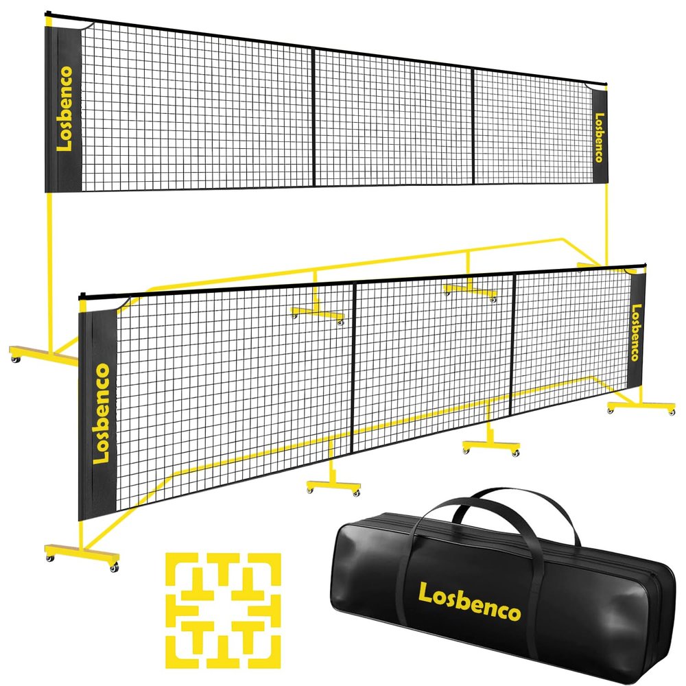 Losbenco Portable Pickleball Net with Wheels - 6-in-1 Adjustable Height Metal Frame Mesh, Standard Size 22FT, Pickleball, Tennis, Volleyball, Football Backyard Outdoor Game Net for Adults and Kids