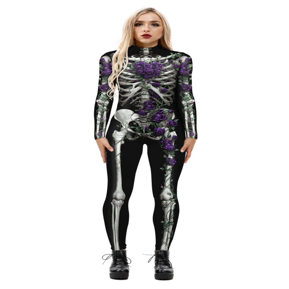 URVIP Women Halloween Cosplay Costumes 3D Skeleton Jumpsuit Bodysuit Stretch Skinny Bodycon Catsuit Outfit Colour-15 S