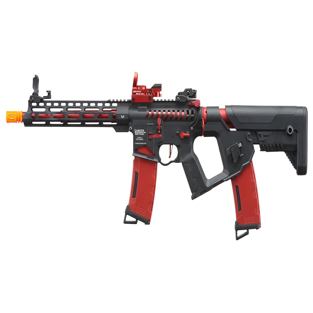 Lancer Tactical Proline Enforcer Bluebird Skeleton Steel Airsoft AEG Adjustable Stock w/Fast Trigger & Mosfet (Red Dot & Two Magazines Included) (Black/Red)