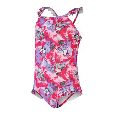 Speedo Baby Girls Learn To Swim Printed Thin Strap Frill One Piece Bathing Suit (9-12 Months) (Pink/Purple)
