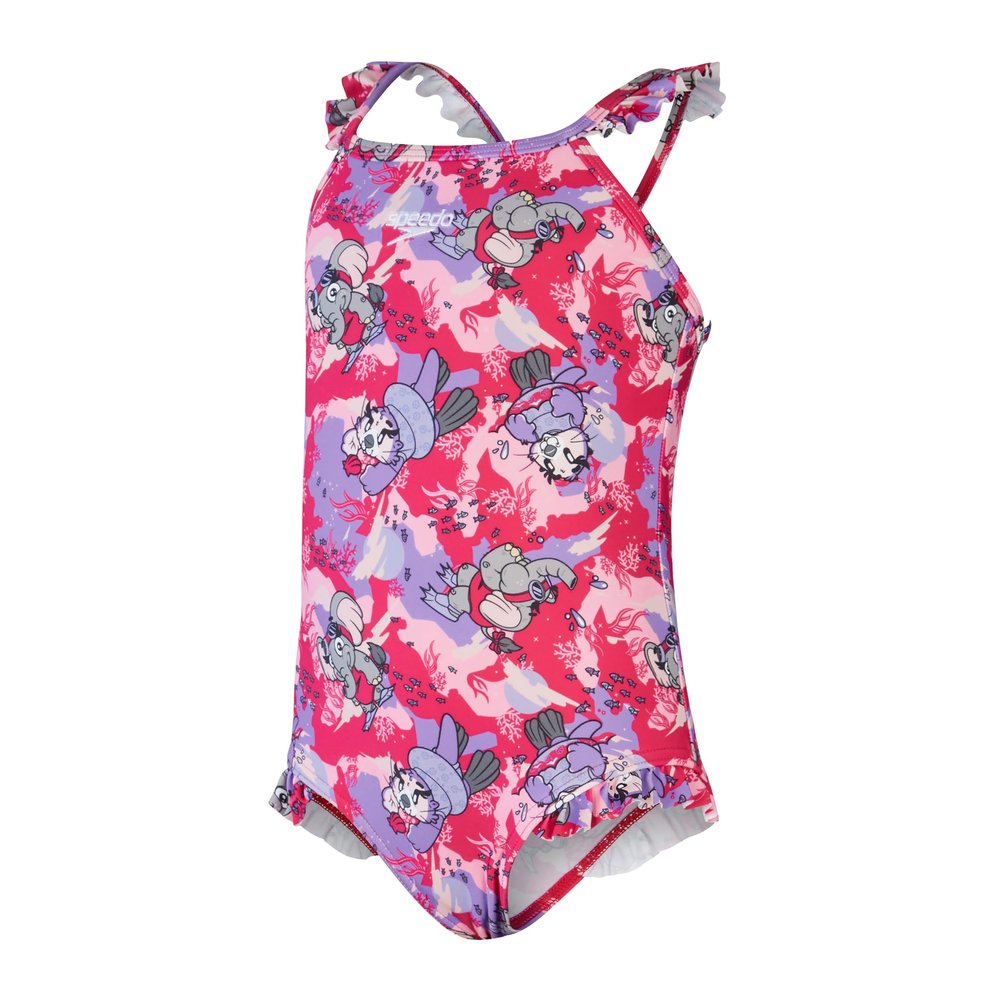 Speedo Baby Girls Learn To Swim Printed Thin Strap Frill One Piece Bathing Suit (9-12 Months) (Pink/Purple)