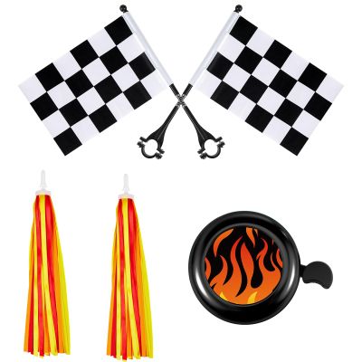Liliful 5 Pcs Kids Bike Accessories Sets Include 2 Pcs Flame Bike Tassel Streamers Bell 2 Black and White Checkered Flags Pinwheel Toddler Kids Boys Girls Gift Decoration Kit