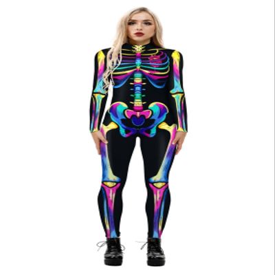 URVIP Women Halloween Cosplay Costumes 3D Skeleton Jumpsuit Bodysuit Stretch Skinny Bodycon Catsuit Outfit Colour-33 S